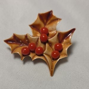 Vintage Leaf Brooch with Red Berries